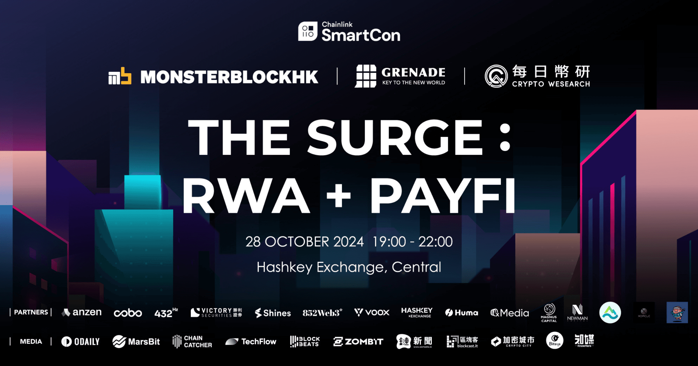 全港首場！RWA 和支付賽道龍頭、VC 親臨線下周邊活動「THE SURGE」Chainlink 將於 10 月 30 至 31 日在香港舉行 SmartCon，並邀請業界人士參加周邊活動「THE SURGE: RWA + PayFi」，探討區塊鏈技術的應用與發展。